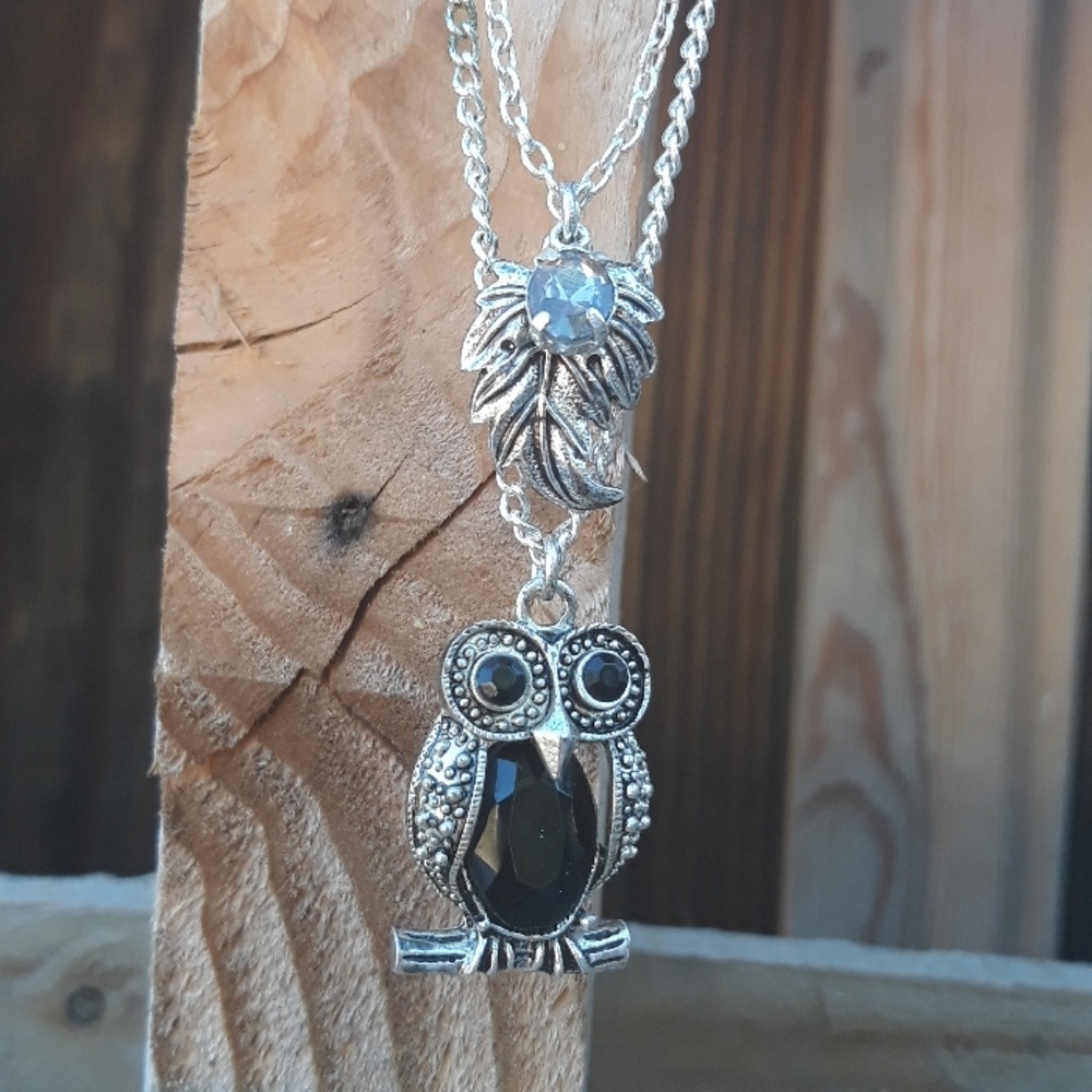Owl necklace double strand resin silver cute gift